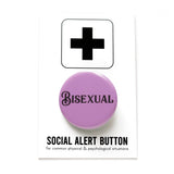 Round lavender pinback button that reads BISEXUAL in black script font. The button is pinned to a Social Alert Button backing card.