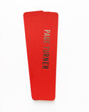 A fanned stack of vibrant red-orange vertical bookmark that reads PAGE TURNER in gunmetal silver foil embossed text.