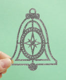 A flat silver glitter SILVER BELL ornament with a mid-century modern design laser cut from silver glitter acrylic. The ornament is held in the lower left hand corner with a thumb & forefinger.