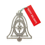A flat silver glitter SILVER BELL ornament with a mid-century modern design laser cut from silver glitter acrylic. A small, red Happy Holidays Tag is tied to the top of the ornament with green and white bakers twine.
