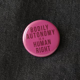 dark raspberry color pinback button that reads Bodily Autonomy Is A Human Right in dark red.Button is pinned to black denim.