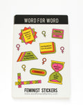 A sheet of feminist themed stickers in yellow, moss green pink and orange. Phrases include Feminist With A To-Do List, Equal Pay, The Personal Is Political, Patriarchy Is A plague, A Woman's Work   Is Never Done, Intersectional and little women's symbol stickers. 