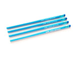 Four full length, unsharpened, sky blue pencils stamped with the words HERE GOES NOTHING. 