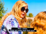Film still of Jennifer Coolidge as Tanya McQuoid in The White Lotus Season 2.  Saying, Hey. I mean these are some high-end gays.