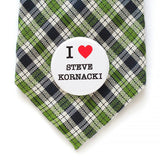 I heart Steve Kornacki pinback button on a green and blue plaid necktie.